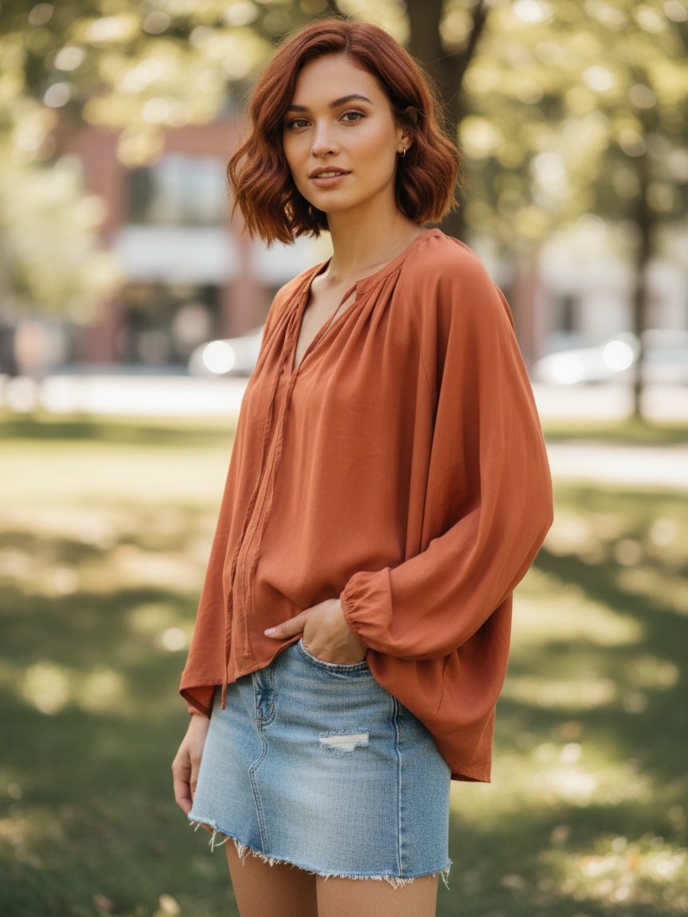 A New Day Linen Blend Rust Boho Blouse XXL | Tie Neck Peasant Top | Relaxed Flow - Picture 3 of 10